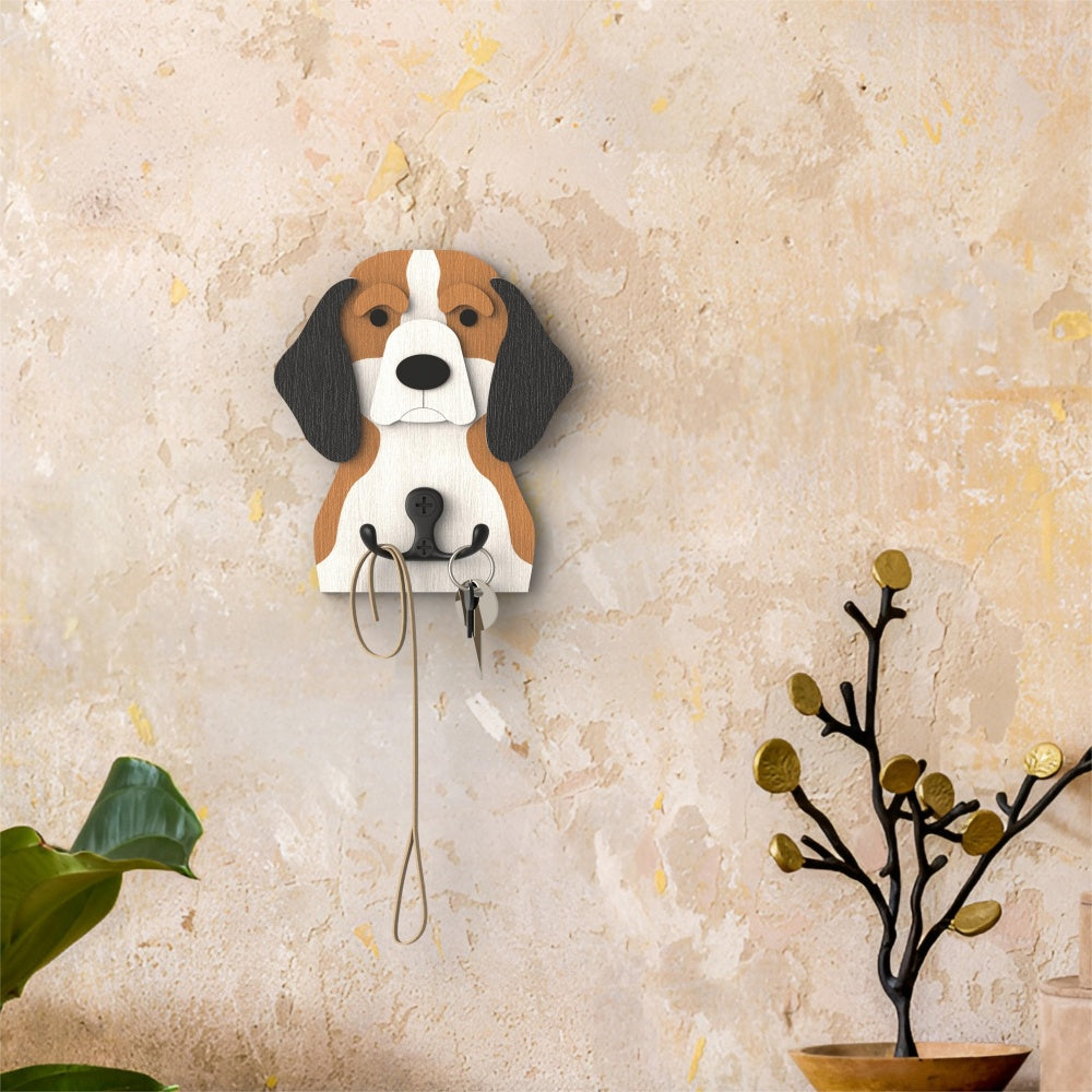 Wooden Beagle dog wall hook key and leash holder for home entryway organizer
