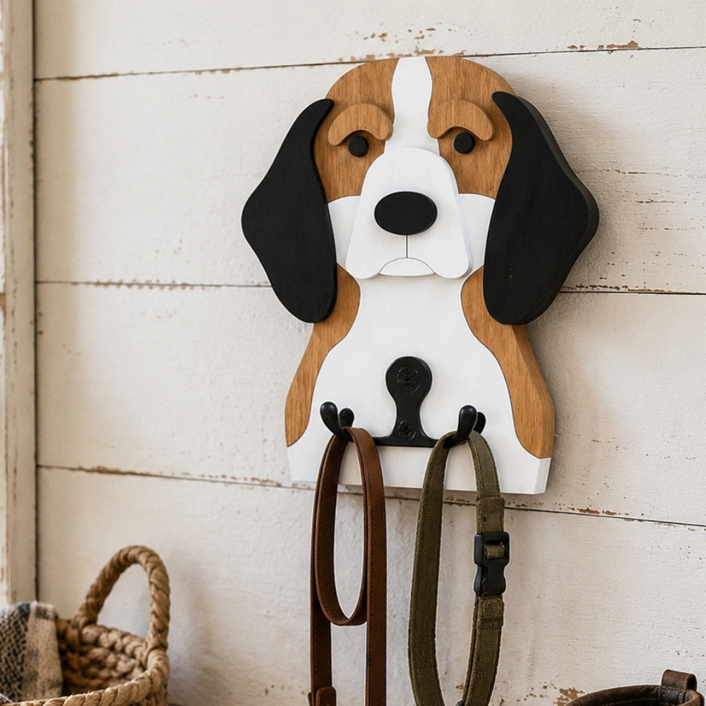 Wooden Beagle dog wall hook key and leash holder for home entryway organizer