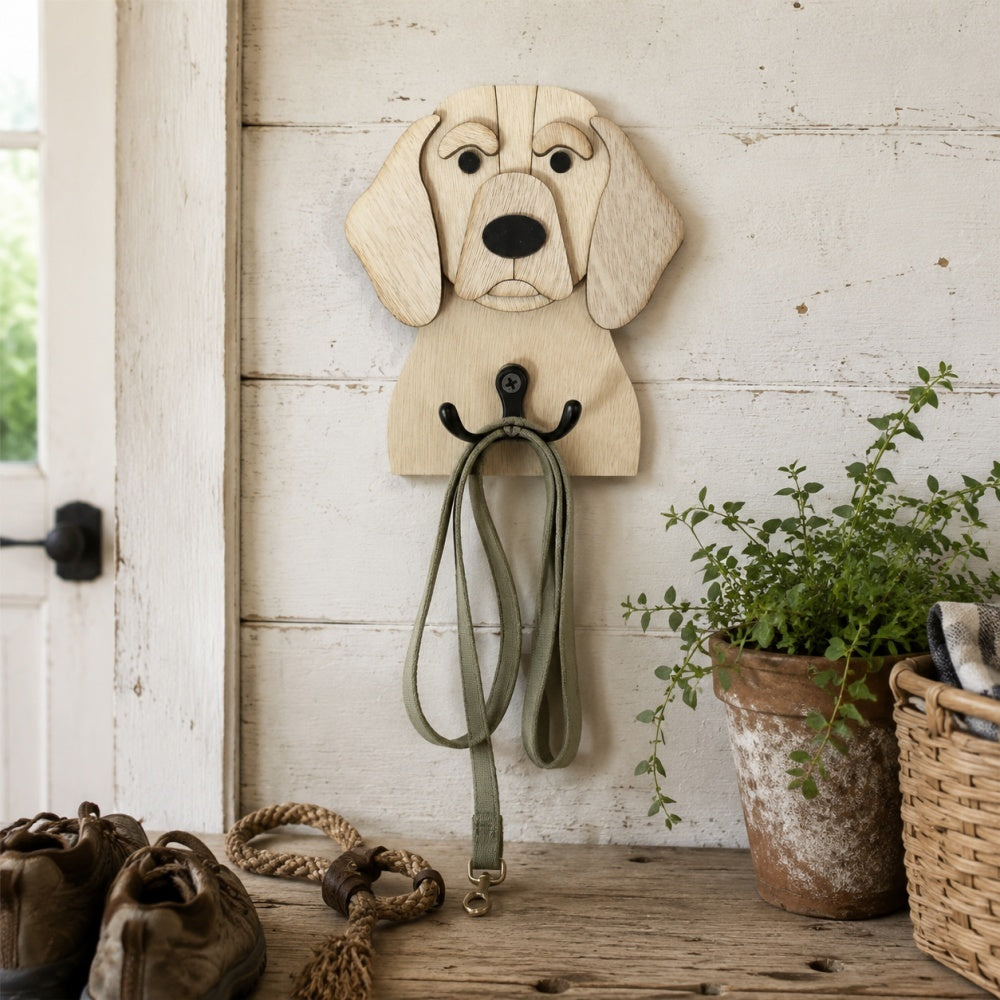 Wooden Beagle dog wall hook key and leash holder for home entryway organizer