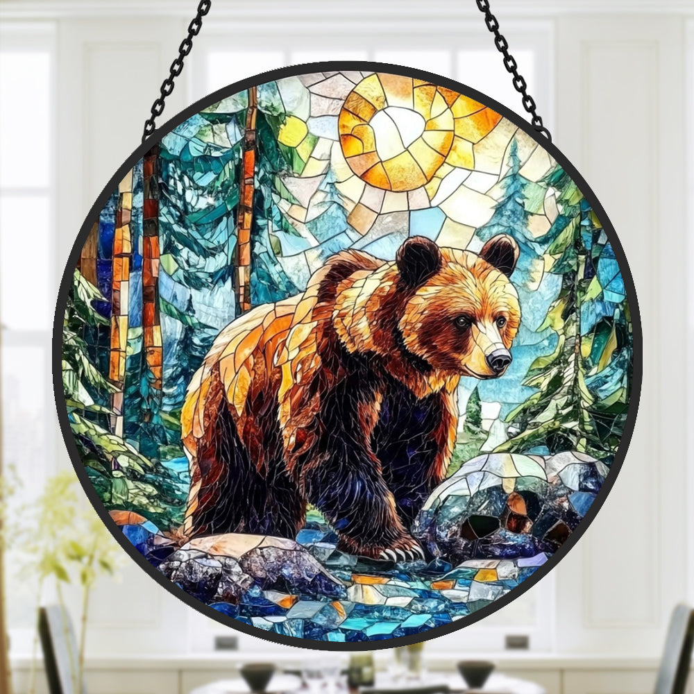 Bear in forest stained glass suncatcher window hanging, suitable for home and garden decoration