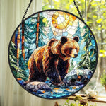Bear in forest stained glass suncatcher window hanging, suitable for home and garden decoration