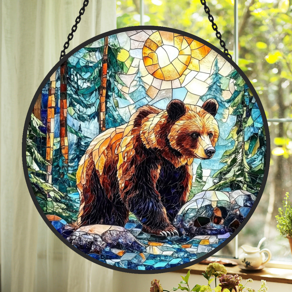 Bear in forest stained glass suncatcher window hanging, suitable for home and garden decoration