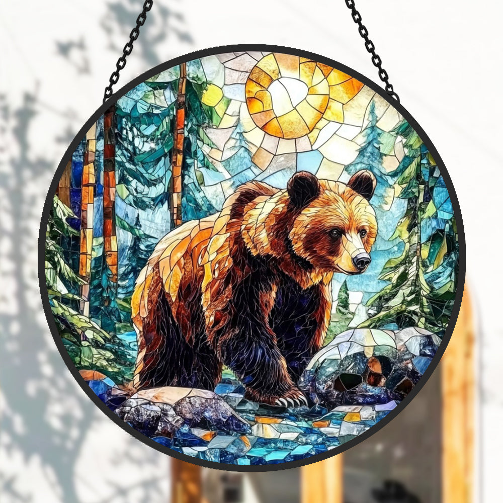Bear in forest stained glass suncatcher window hanging, suitable for home and garden decoration