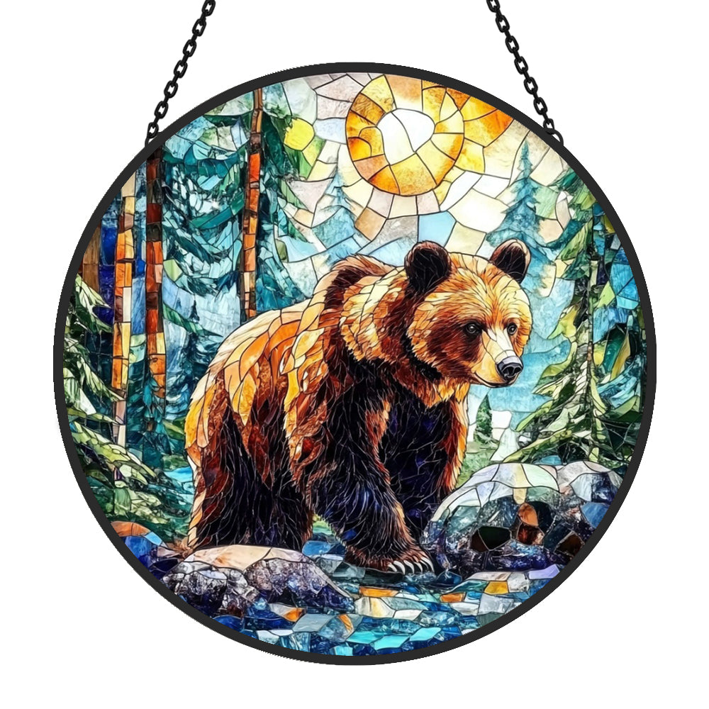 Bear in forest stained glass suncatcher window hanging, suitable for home and garden decoration