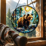 Bear in forest stained glass suncatcher window hanging, suitable for home and garden decoration