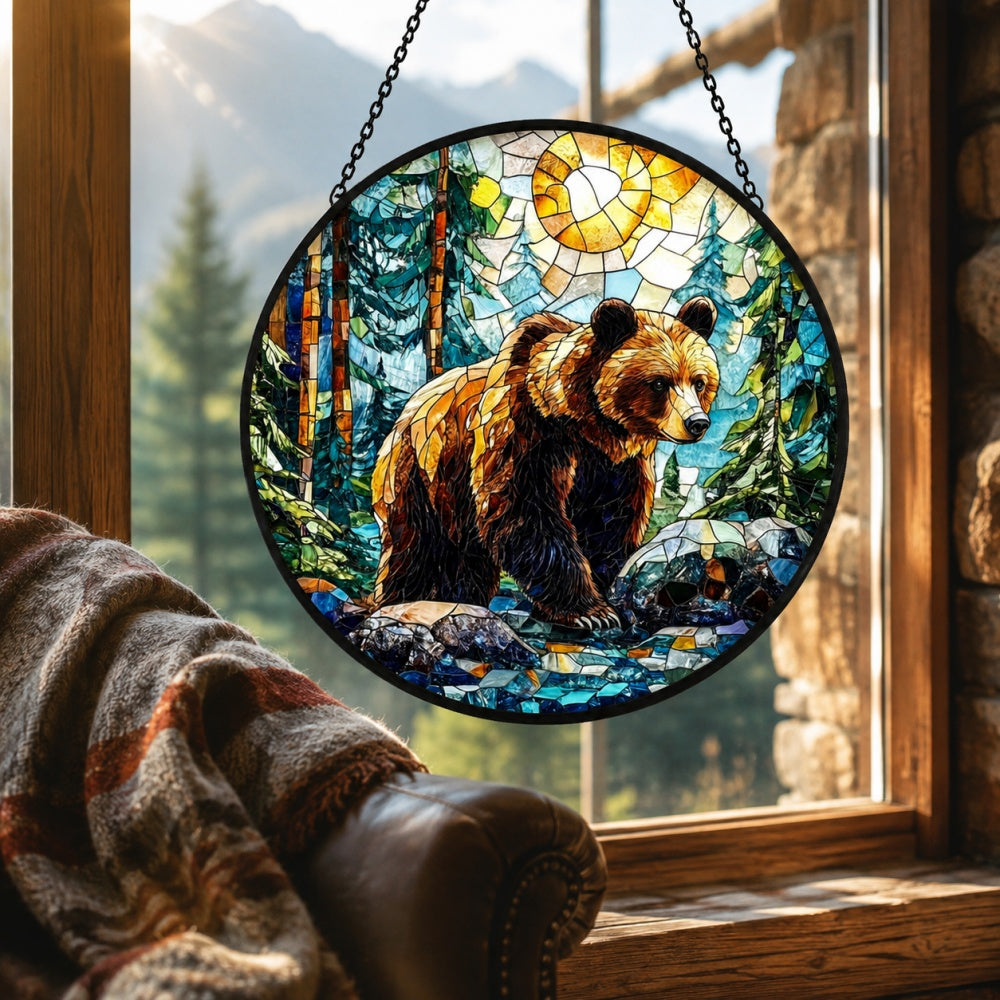 Bear in forest stained glass suncatcher window hanging, suitable for home and garden decoration
