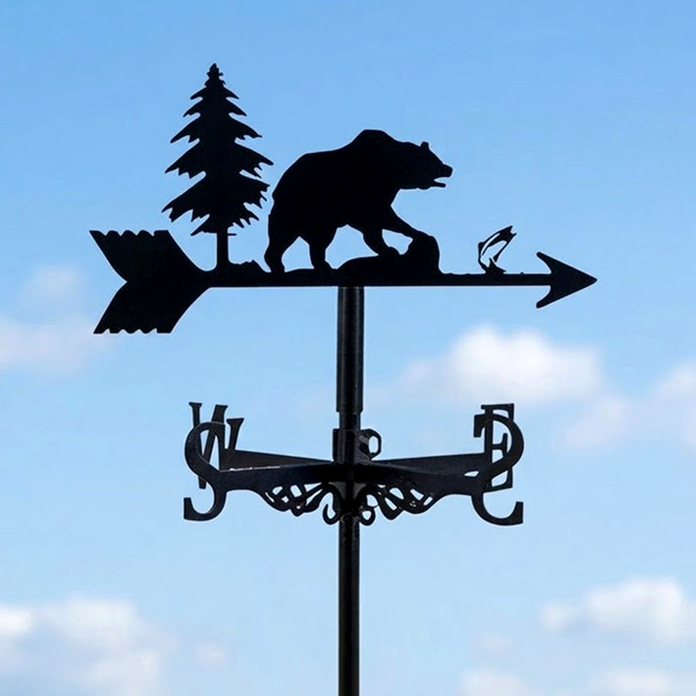 Bear metal weather vane with directional arrows and mounting rod, outdoor roof and garden decoration