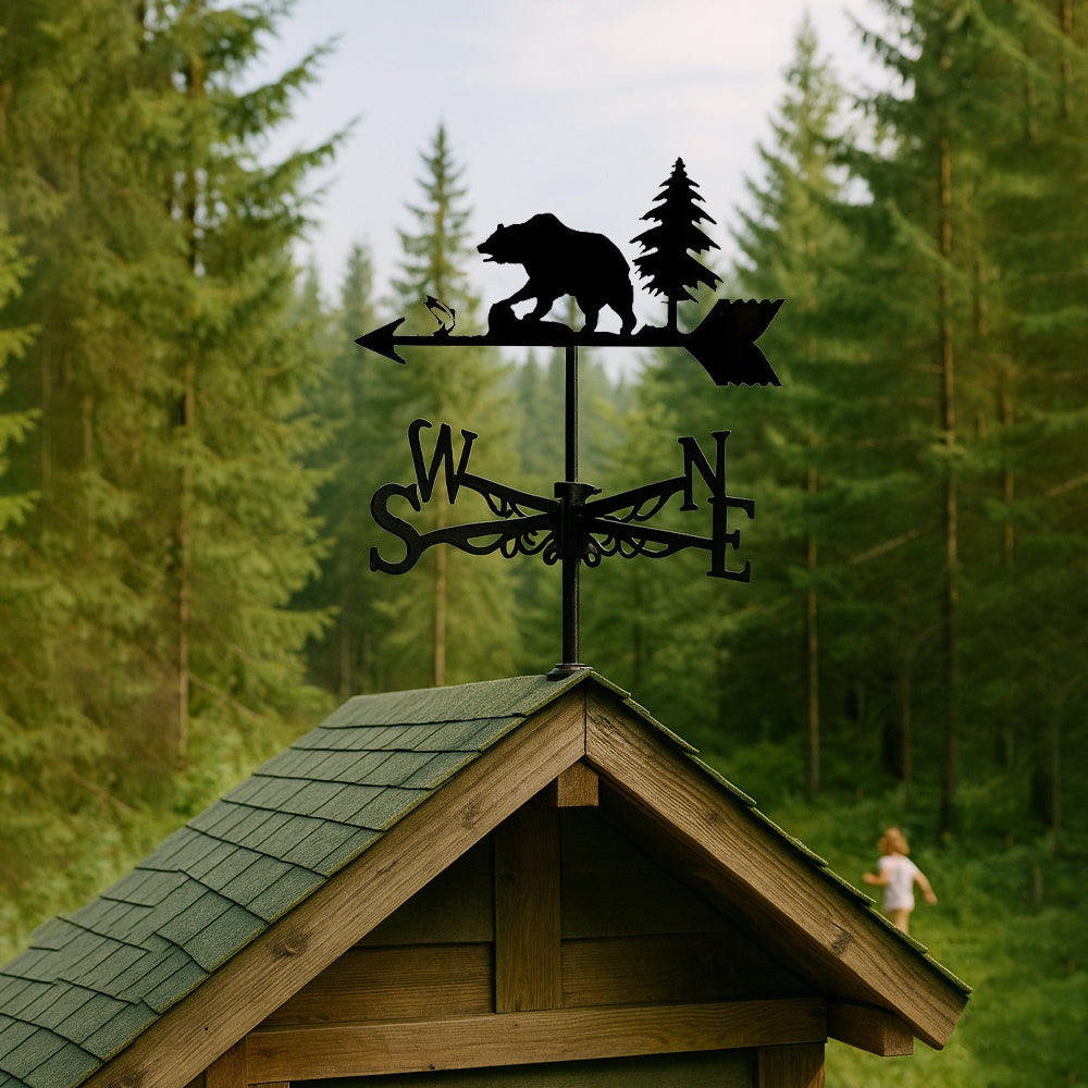 Bear metal weather vane with directional arrows and mounting rod, outdoor roof and garden decoration