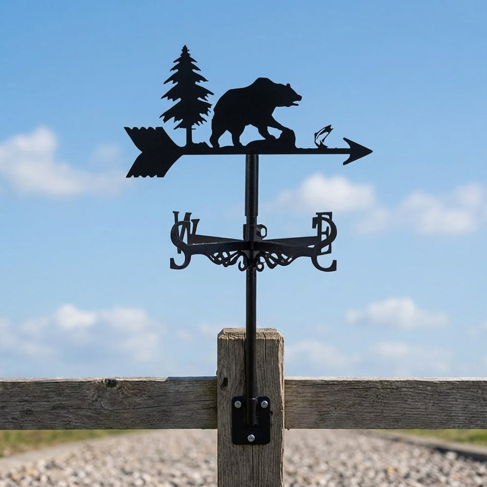 Bear metal weather vane with directional arrows and mounting rod, outdoor roof and garden decoration