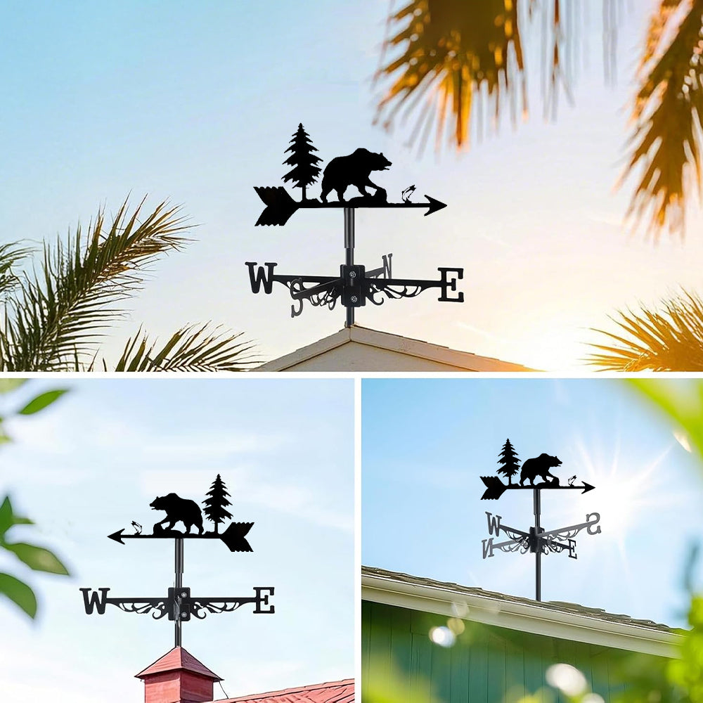 Bear metal weather vane with directional arrows and mounting rod, outdoor roof and garden decoration