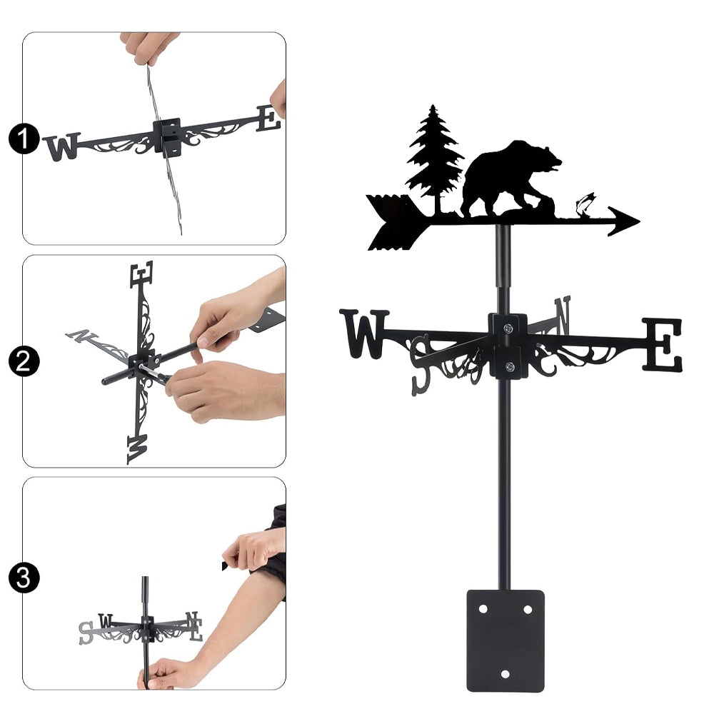 Bear metal weather vane with directional arrows and mounting rod, outdoor roof and garden decoration