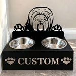 Personalized bearded collie metal dog bowl stand with custom name cutout and two removable feeding bowls