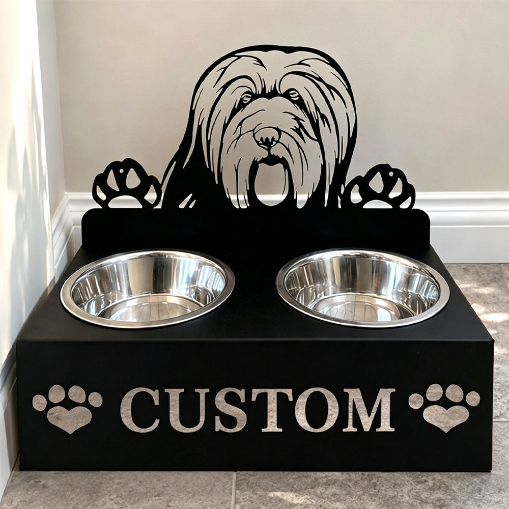 Personalized bearded collie metal dog bowl stand with custom name cutout and two removable feeding bowls