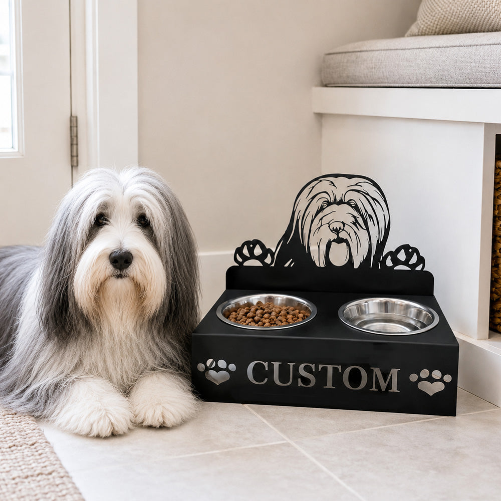 Personalized bearded collie metal dog bowl stand with custom name cutout and two removable feeding bowls