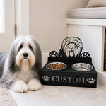 Personalized bearded collie metal dog bowl stand with custom name cutout and two removable feeding bowls