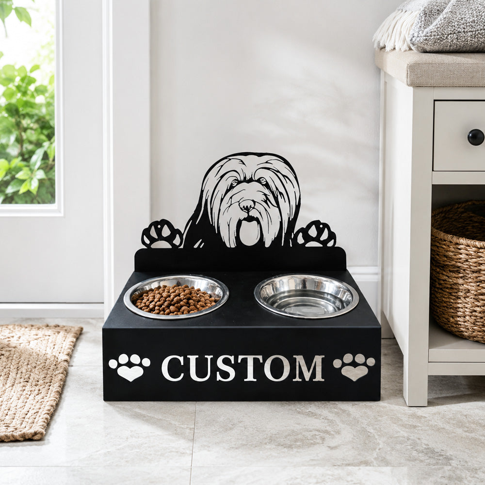 Personalized bearded collie metal dog bowl stand with custom name cutout and two removable feeding bowls