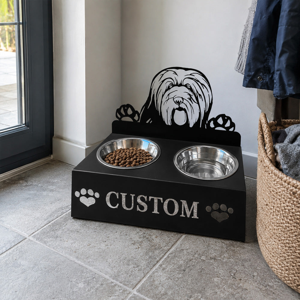 Personalized bearded collie metal dog bowl stand with custom name cutout and two removable feeding bowls