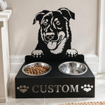 Personalized beauceron dog metal dog bowl stand with custom name cutout and two removable feeding bowls