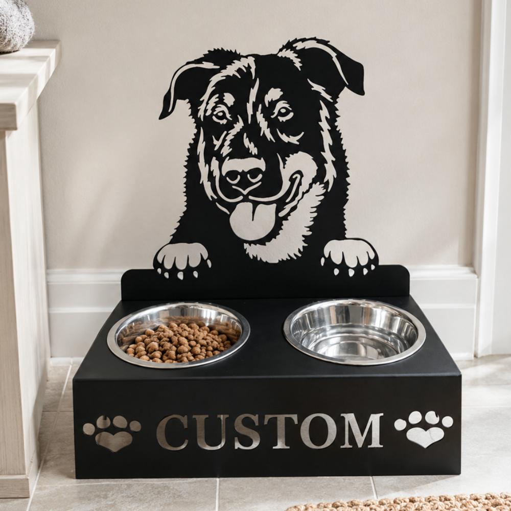 Personalized beauceron dog metal dog bowl stand with custom name cutout and two removable feeding bowls