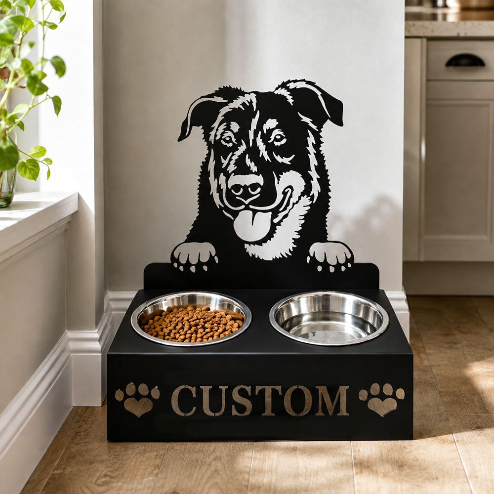 Personalized beauceron dog metal dog bowl stand with custom name cutout and two removable feeding bowls