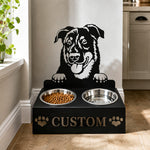 Personalized beauceron dog metal dog bowl stand with custom name cutout and two removable feeding bowls