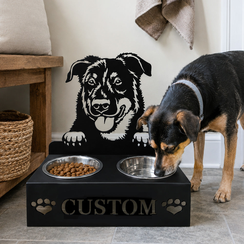 Personalized beauceron dog metal dog bowl stand with custom name cutout and two removable feeding bowls