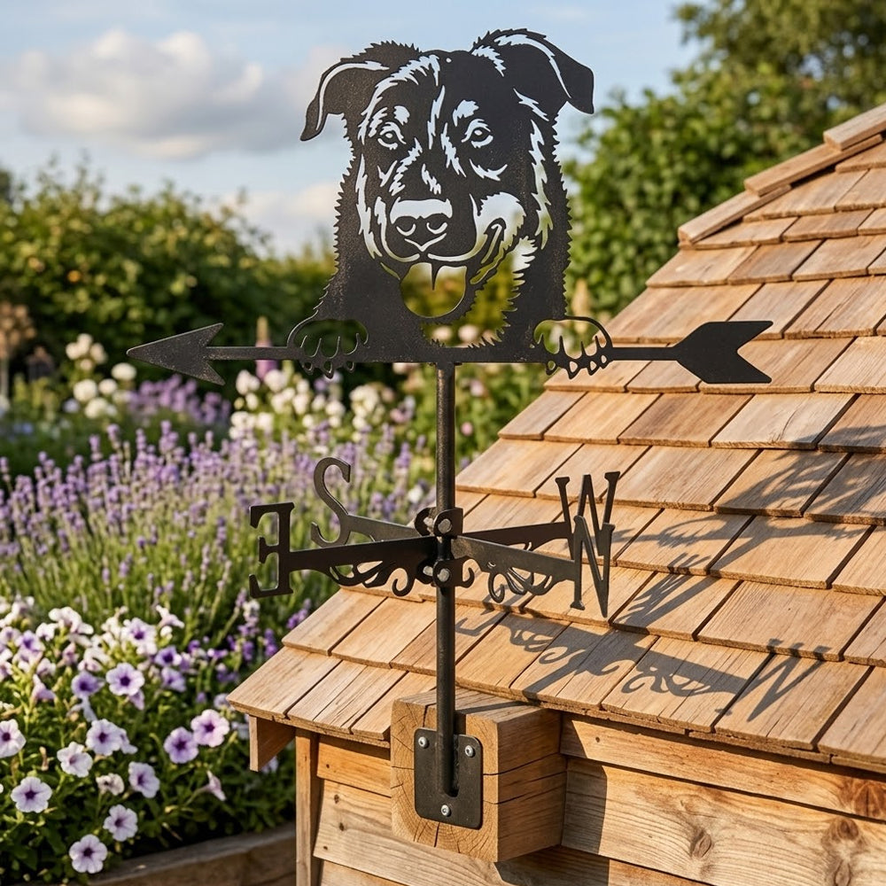 Beauceron dog metal weather vane with directional arrows and mounting rod, outdoor roof and garden decoration