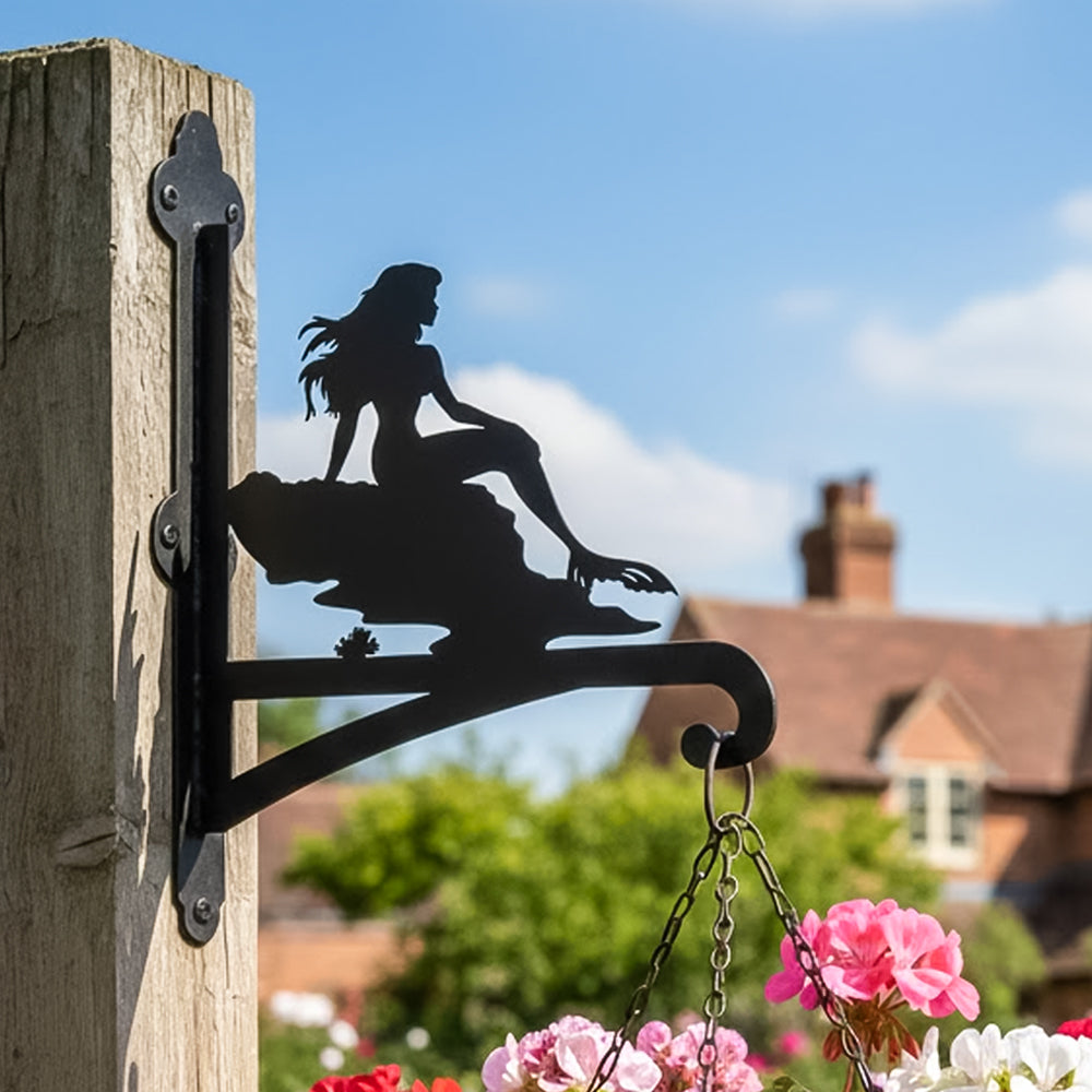 Beautiful mermaid metal hanging basket bracket mounted on outdoor wall for plant decoration
