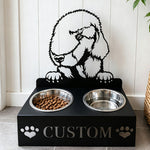 Personalized bedlington terrier metal dog bowl stand with custom name cutout and two removable feeding bowls