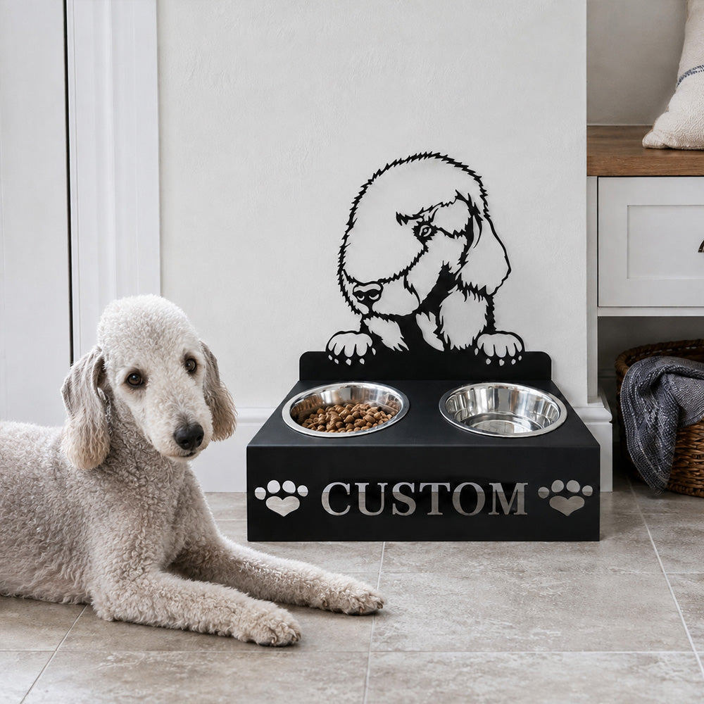 Personalized bedlington terrier metal dog bowl stand with custom name cutout and two removable feeding bowls
