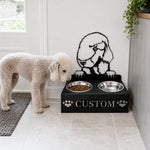 Personalized bedlington terrier metal dog bowl stand with custom name cutout and two removable feeding bowls