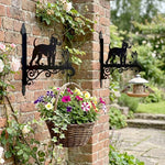 Bedlington terrier metal hanging basket bracket mounted on outdoor wall for plant decoration