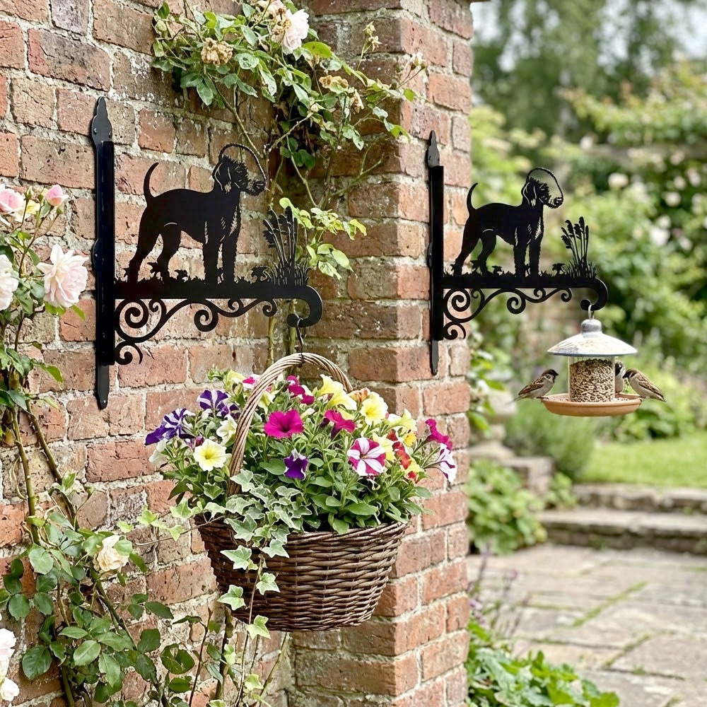 Bedlington terrier metal hanging basket bracket mounted on outdoor wall for plant decoration