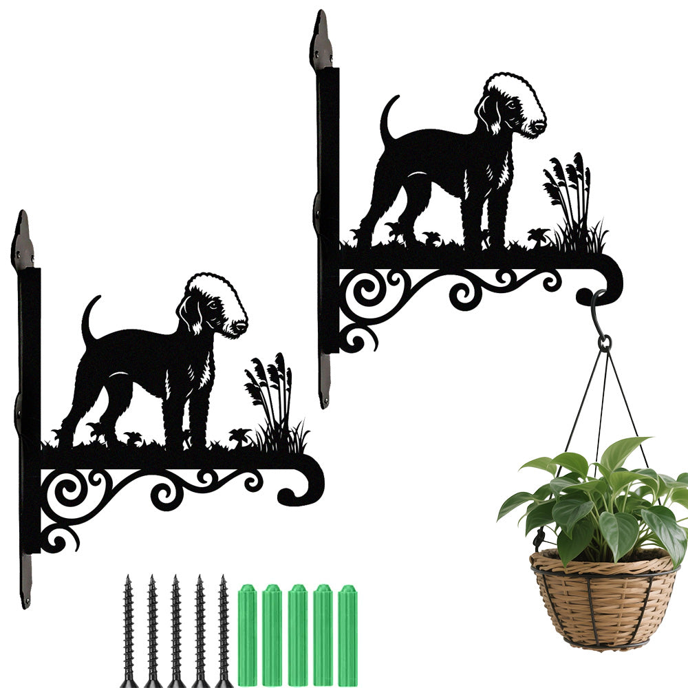 Bedlington terrier metal hanging basket bracket mounted on outdoor wall for plant decoration