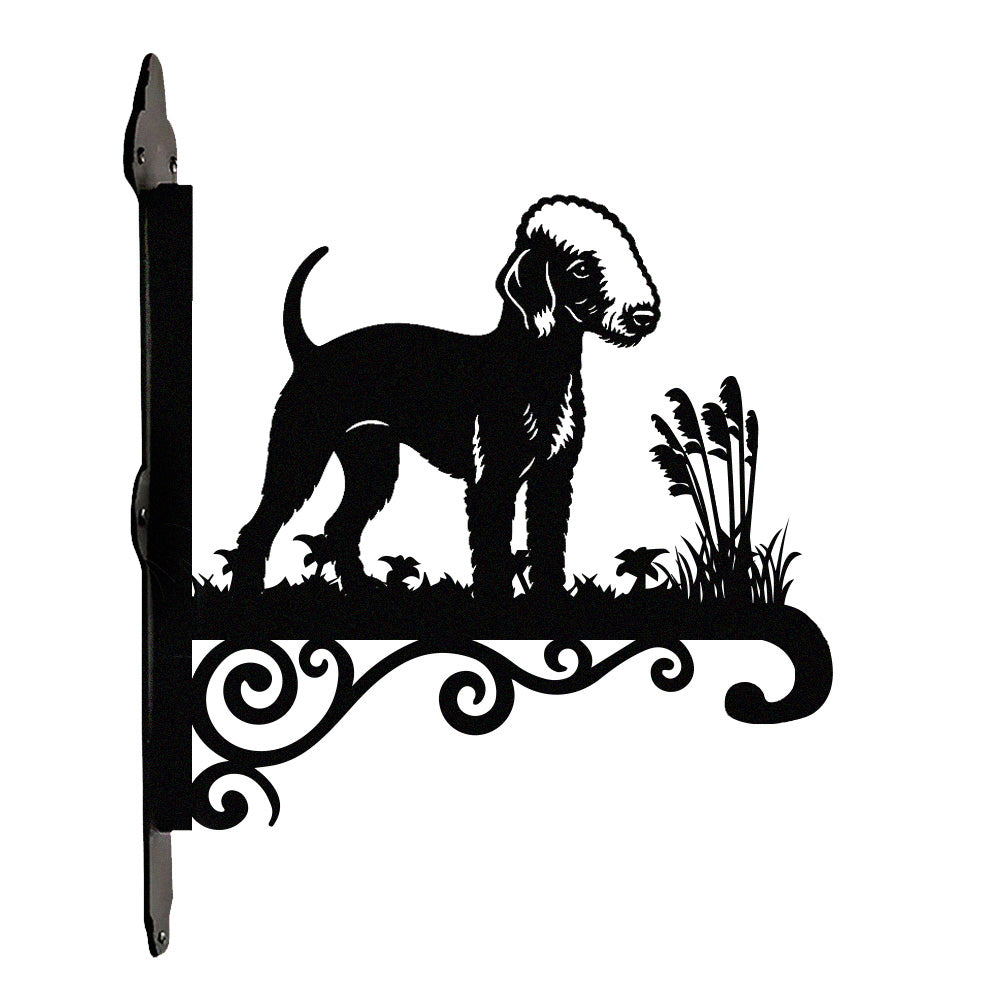 Bedlington terrier metal hanging basket bracket mounted on outdoor wall for plant decoration