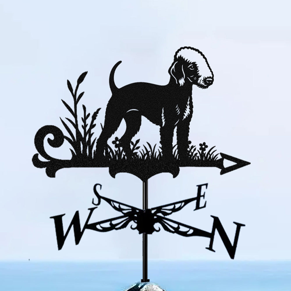 Bedlington terrier metal weather vane with directional arrows and mounting rod, outdoor roof and garden decoration