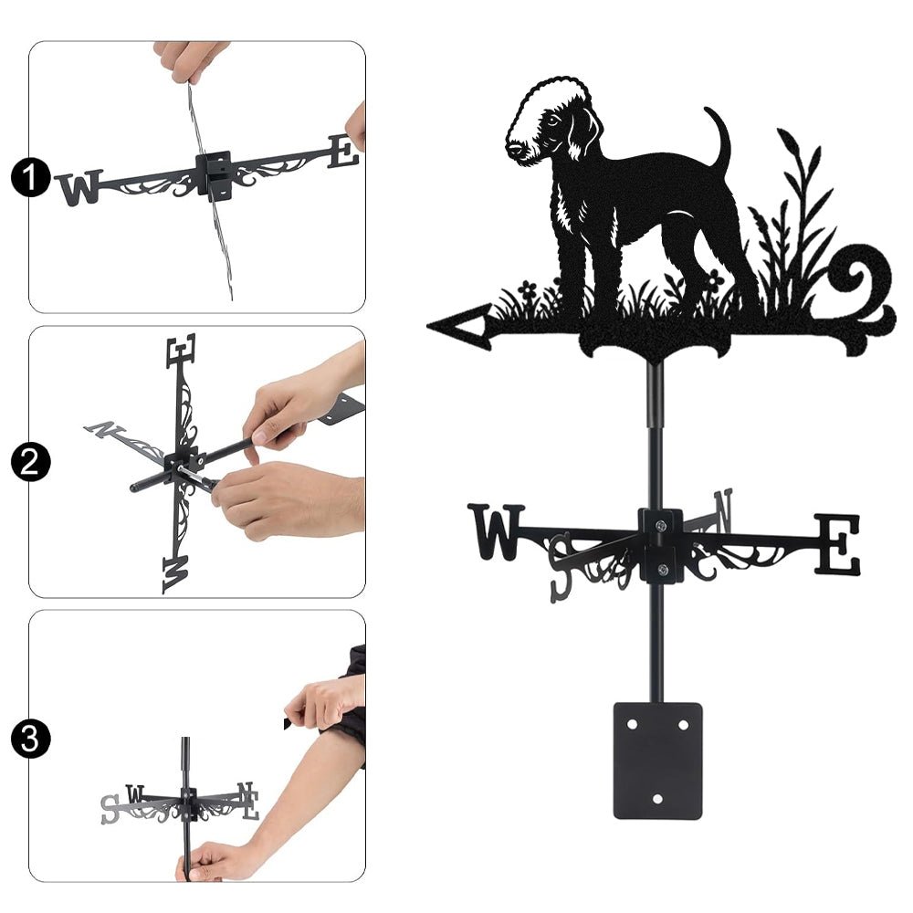 Bedlington terrier metal weather vane with directional arrows and mounting rod, outdoor roof and garden decoration