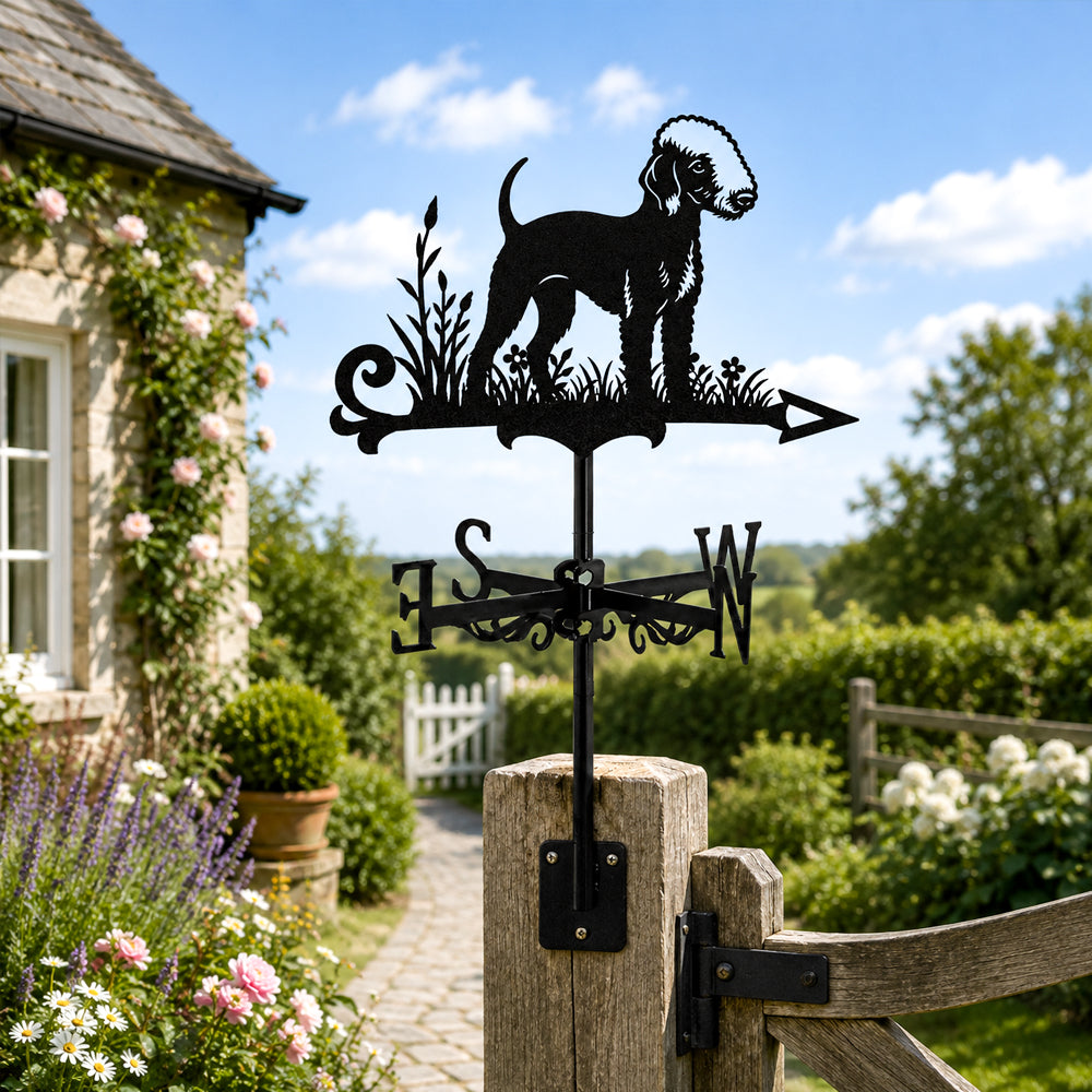 Bedlington terrier metal weather vane with directional arrows and mounting rod, outdoor roof and garden decoration