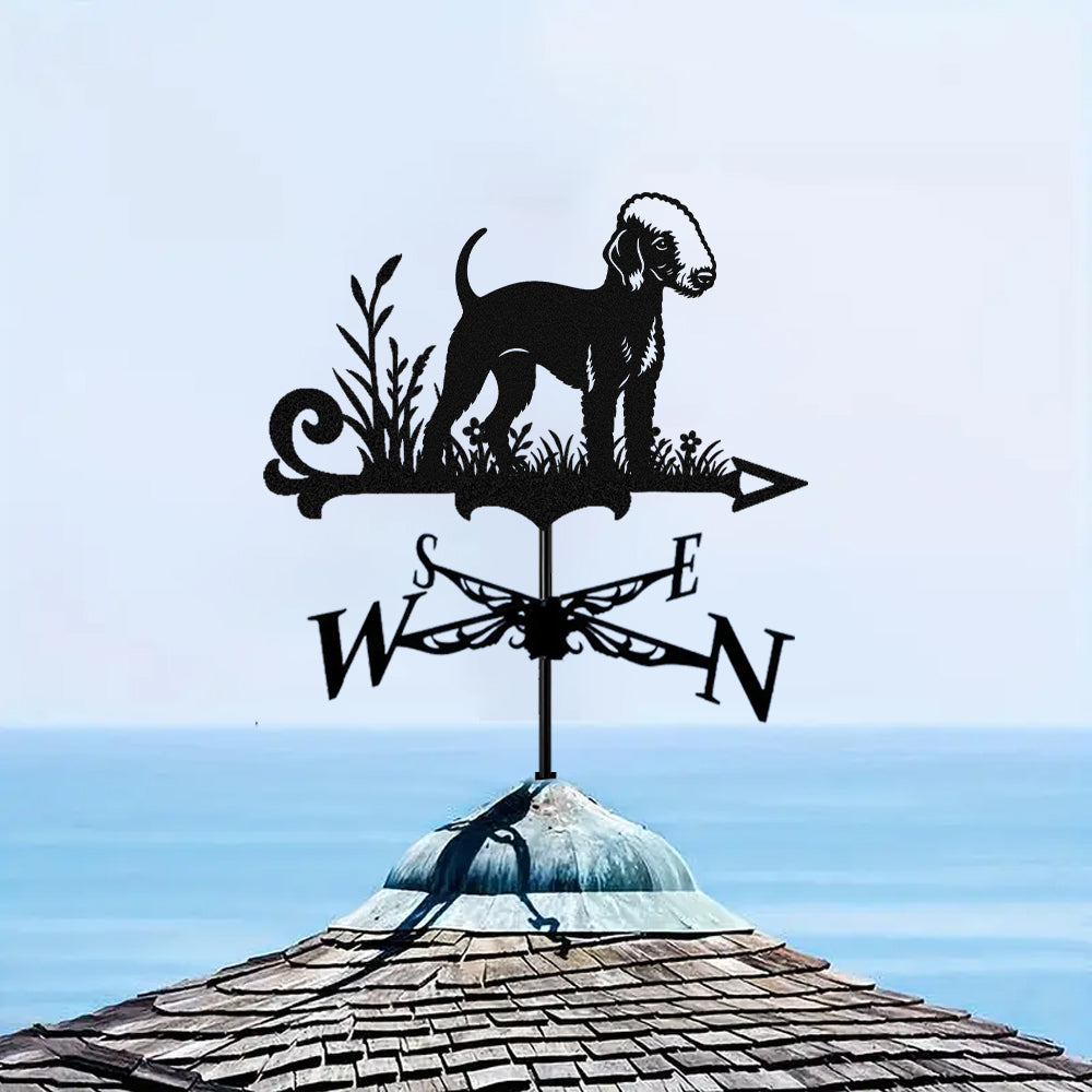 Bedlington terrier metal weather vane with directional arrows and mounting rod, outdoor roof and garden decoration