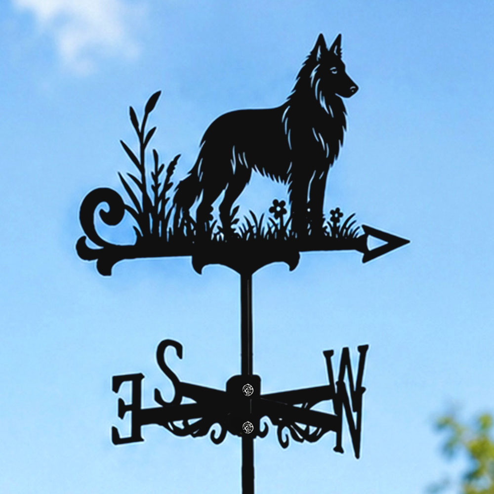 Belgian Groenendael metal weather vane with directional arrows and mounting rod, outdoor roof and garden decoration