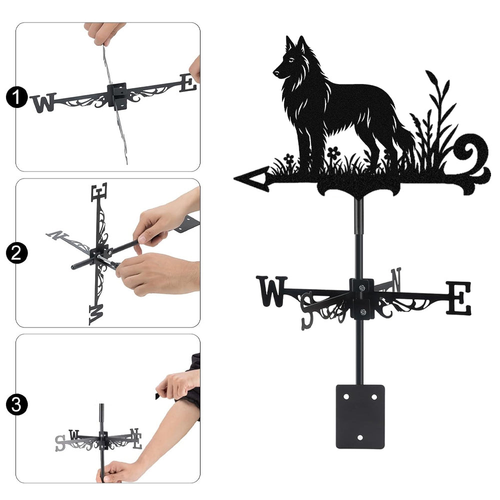 Belgian Groenendael metal weather vane with directional arrows and mounting rod, outdoor roof and garden decoration