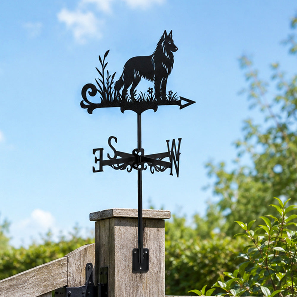 Belgian Groenendael metal weather vane with directional arrows and mounting rod, outdoor roof and garden decoration