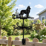 Belgian Groenendael metal weather vane with directional arrows and mounting rod, outdoor roof and garden decoration