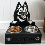 Personalized belgian tervuren dog metal dog bowl stand with custom name cutout and two removable feeding bowls