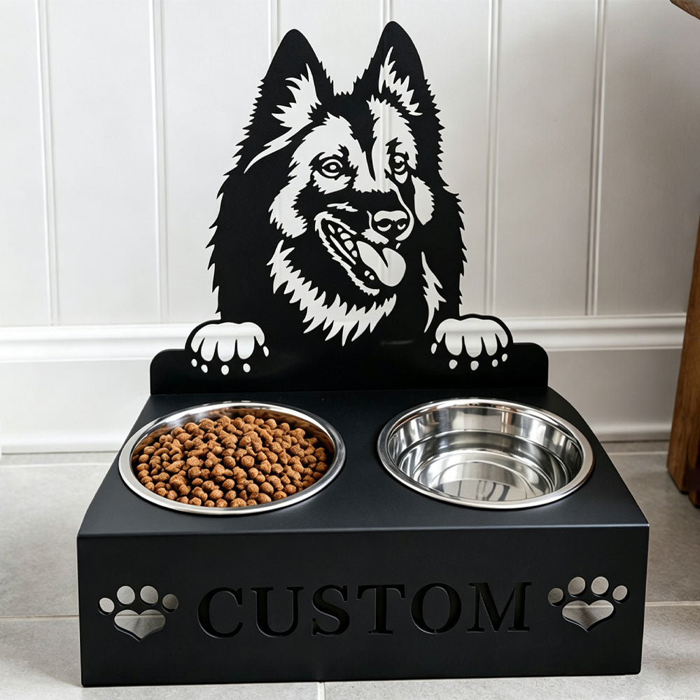 Personalized belgian tervuren dog metal dog bowl stand with custom name cutout and two removable feeding bowls