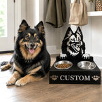 Personalized belgian tervuren dog metal dog bowl stand with custom name cutout and two removable feeding bowls