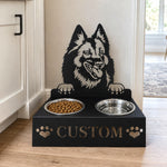 Personalized belgian tervuren dog metal dog bowl stand with custom name cutout and two removable feeding bowls