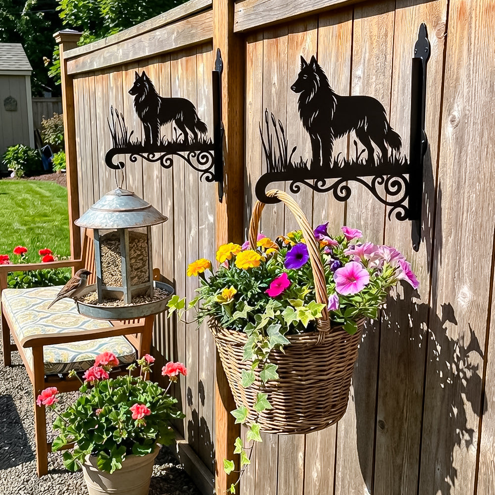 Belgian tervuren metal hanging basket bracket mounted on outdoor wall for plant decoration