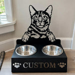Personalized bengal cat metal cat bowl stand with custom name cutout and two removable feeding bowls