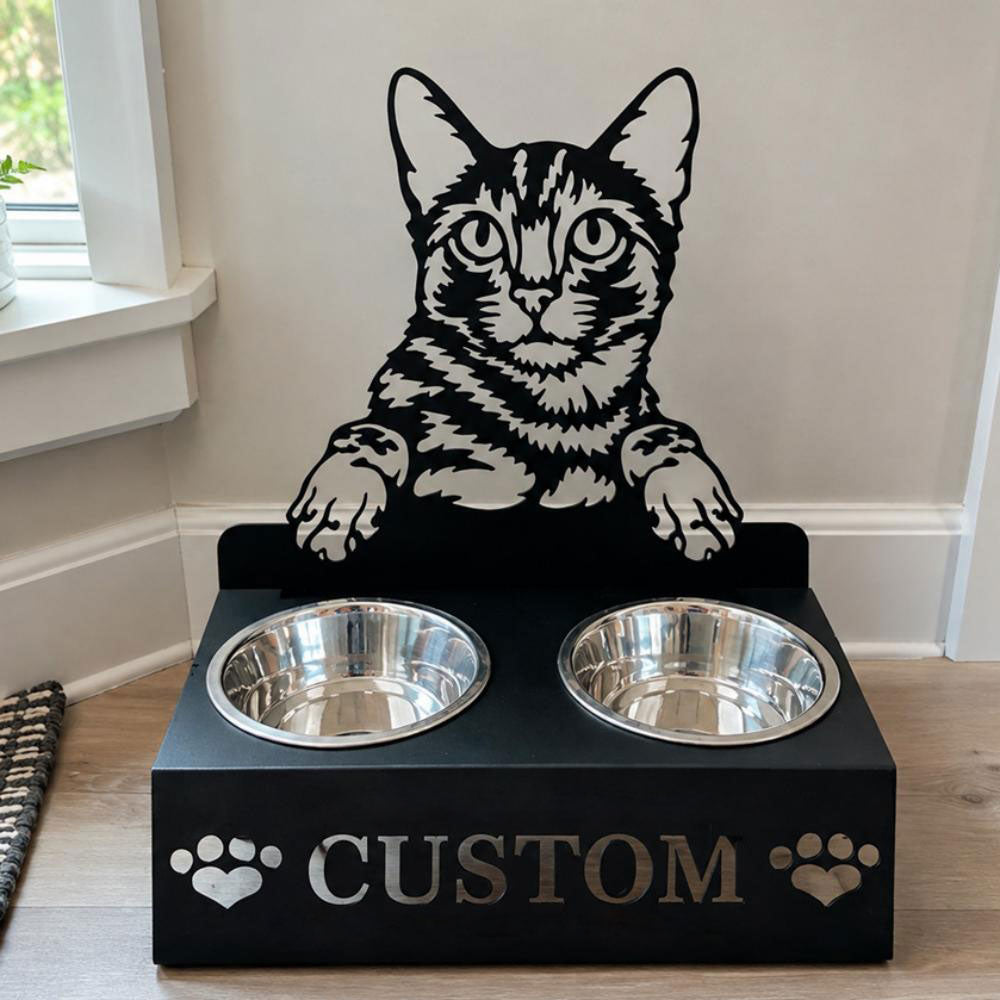 Personalized bengal cat metal cat bowl stand with custom name cutout and two removable feeding bowls